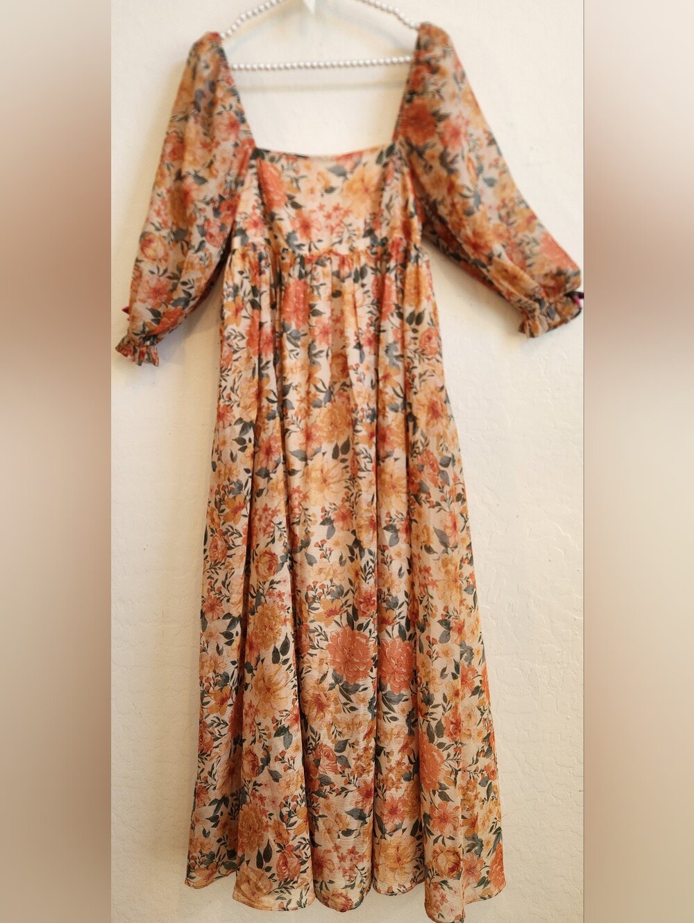 Storia Peach Floral Maxi Dress with Puff Sleeves and Square Neck